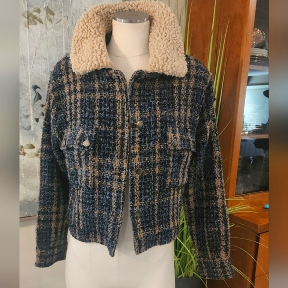 Sweet Rain Contemporary Plaid Tweed Sherpa Collared Jacket Women's Size L - Picture 8 of 14